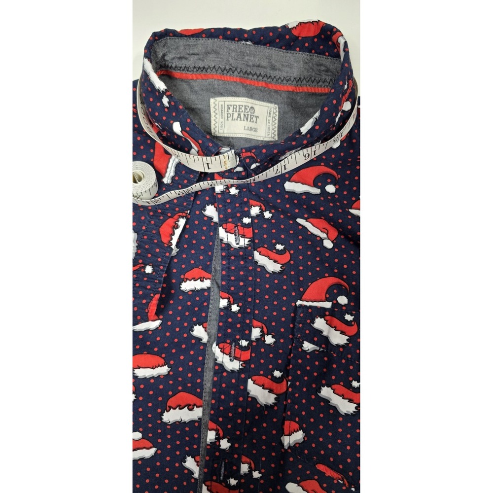Free Planet Men's Christmas Shirt Large‎ Navy Santa Hat Button Down 100% Cotton - Picture 3 of 11